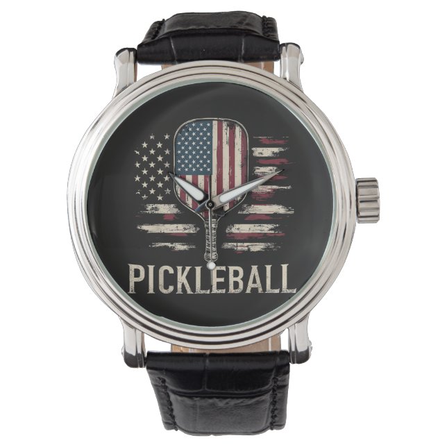 Pickleballspelare US Flagga Retro Paddleball Armbandsur (Framsida)