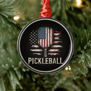 Pickleballspelare US Flagga Retro Paddleball Julgransprydnad Metall