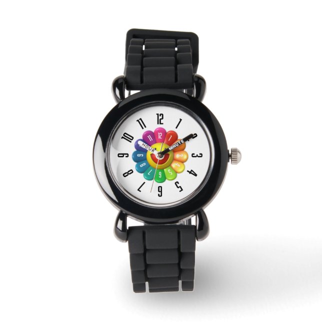 PickleKids™ Rainbow Flower Kids Black Watch Armbandsur (Framsida)