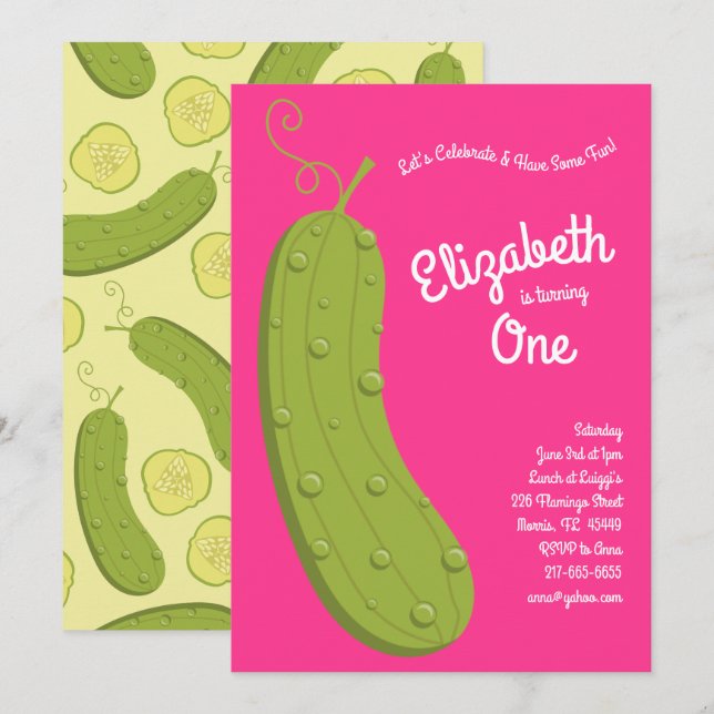 Pickles Kid 1:a födelsedag Party Food Rosa Inbjudningar (Fram/baksida)