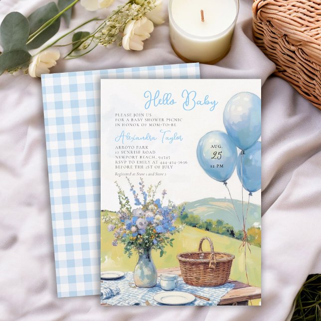 Picknick Blå Ballonger Vilda Blommor Pojke Barnkal Inbjudningar (picnic baby shower invitation template boy summer floral balloons wildflowers backyard outdoors)