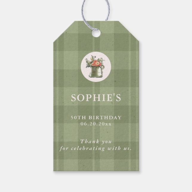 Picknick Sommar Grön Plaid Blommig Födelsedag Presentetikett (Framsidan)