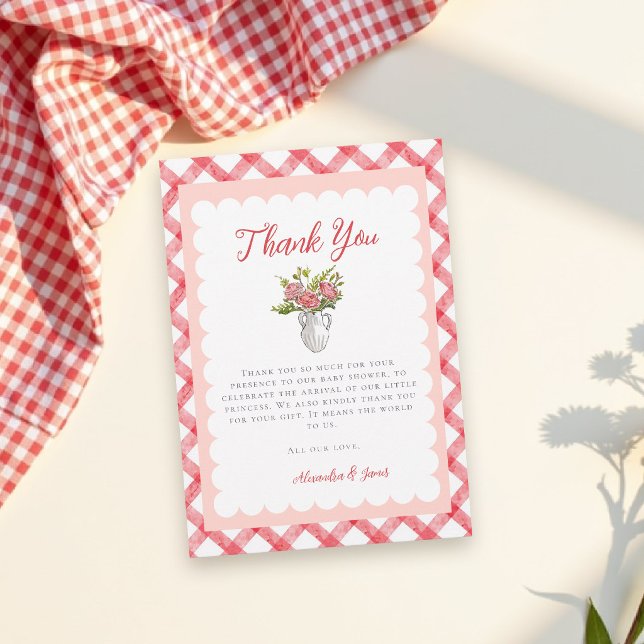 Picknick Sommar Röd Gingham Bebisens Mottagning Ta (picnic baby shower thank you card template custom gingham floral sketch elegant summer chic)