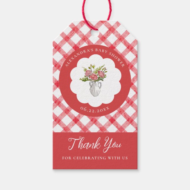 Picknick Sommar Röd Gingham Randig Babyfirande Presentetikett (Framsidan)
