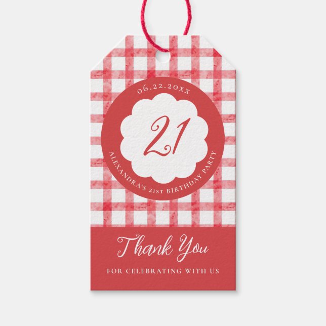 Picknick Sommar Vår Röd Gingham Pyntad Kant Födels Presentetikett (Framsidan)