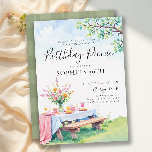 Picknick Sommarfest Elegant Pastell 30-års Födelse Inbjudningar (birthday picnic invitation park outdoors backyard party elegant floral modern pastel summer garden)