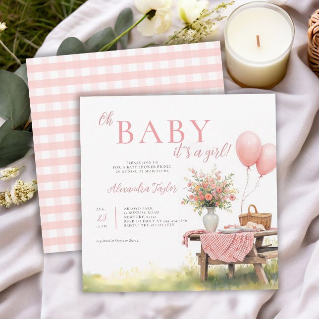 Picknick Vilda Blommor Ballonger Rosa Flicka Bebis Inbjudningar (picnic baby shower invitation card template summer floral balloons wildflowers backyard outdoors 2)