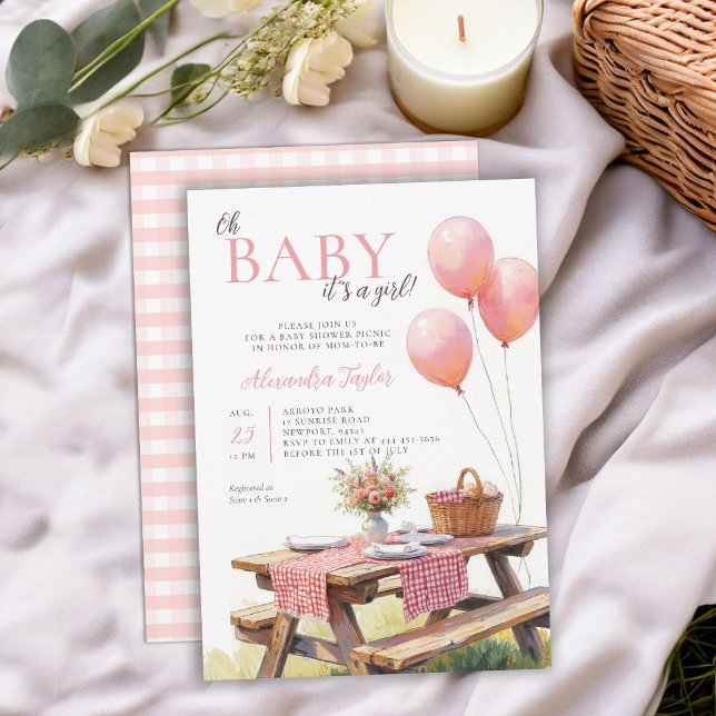 Picknick Vilda Blommor Rosa Ballonger Flicka Barnk Inbjudningar (picnic baby shower invitation card template summer backyard floral balloons wildflowers watercolor)