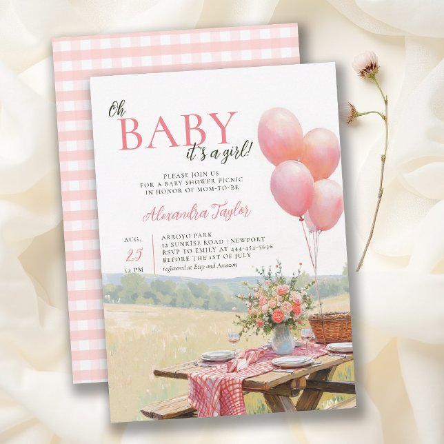 Picknickballonger Vilda blommor Rosa Flicka Bebise Inbjudningar (picnic baby shower invitation card template watercolor outdoors summer backyard floral balloons)