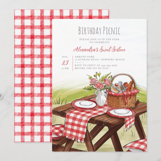 Picknickbord Akvarell Sommar Röd 16-årsdag Inbjudningar (Fram/baksida)