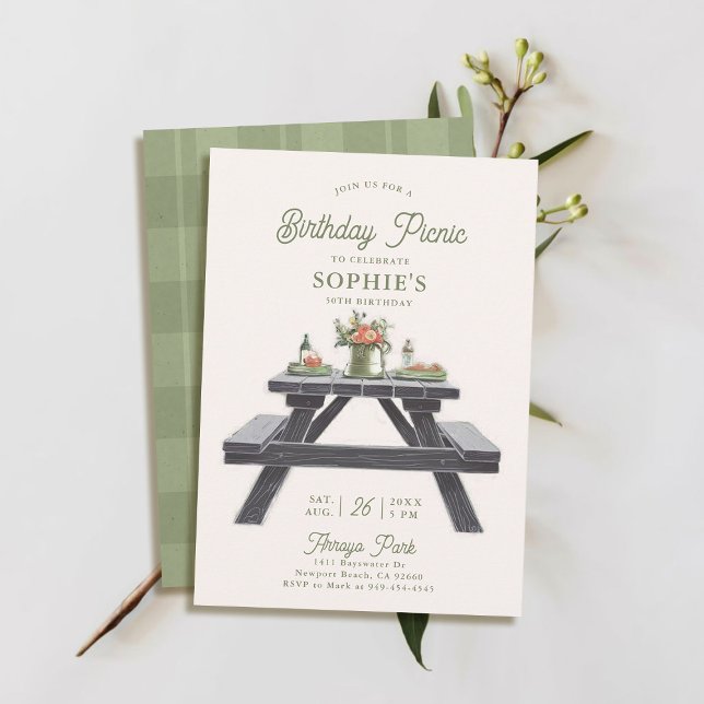 Picknickbord Sommar Elegant Modern 50-årsdag Inbjudningar (50th birthday invitation picnic summer spring fall casual modern classy chic watercolor.)
