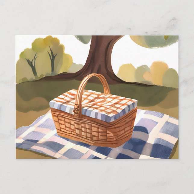 Picknicken | Blå Vit Randig Flätad Akvarell Vykort (Framsida)
