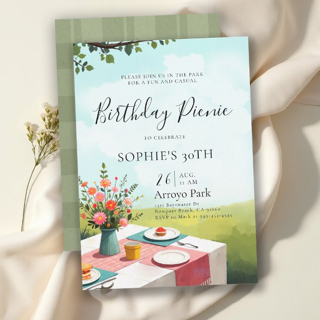 Picknickfest sommar elegant blommig 30-års födelse inbjudningar (birthday picnic invitation park outdoors backyard party elegant art floral modern summer garden)