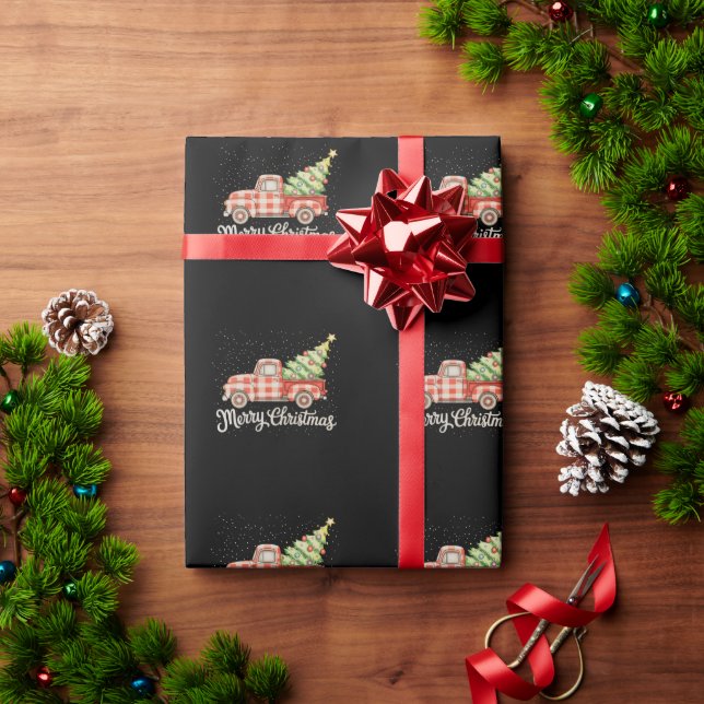 Pickup Lastbil Röd Buffalo Rutig Merry Christmas Presentpapper (Julgåva)