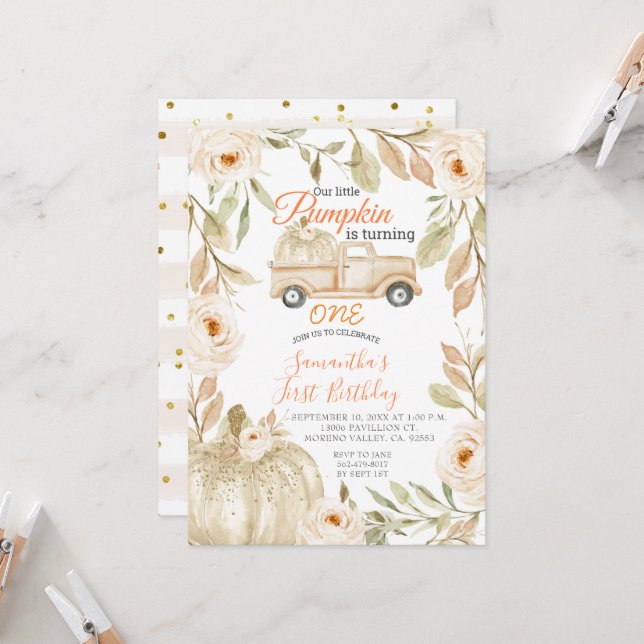 Pickupa Lastbil Pumpkin Tredje födelsedagen Inbjud Inbjudningar (Fram/Back In Situ)
