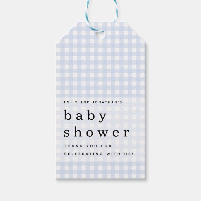 Picnic Baby Shower Namn Blue Gingham Favor Presentetikett (Framsidan)