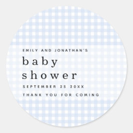 Picnic Baby Shower Namn Blue Gingham Runt Klistermärke