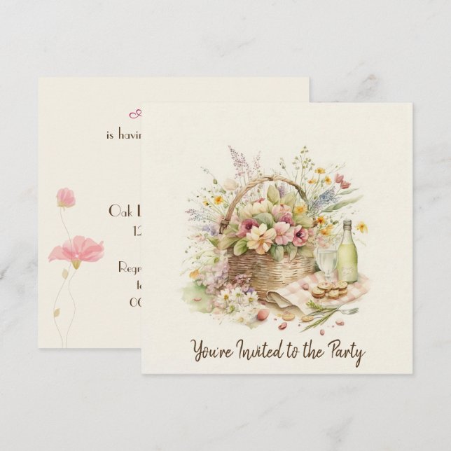 Picnic Basket med Vin Flaska Födelsedagsfest Inbjudningar (Fram/baksida)