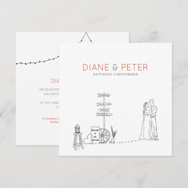 Picnic Garden Minimalist Black and White Bröllop Inbjudningar (Fram/baksida)