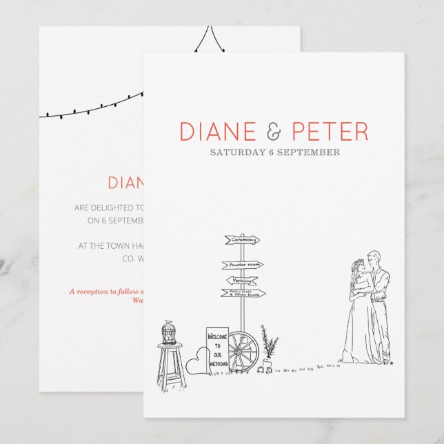 Picnic Garden Minimalist Black and White Bröllop Inbjudningar (Fram/baksida)