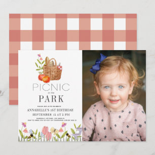 Picnic i Park Basket 1:a födelsedag Foto Invit Inbjudningar