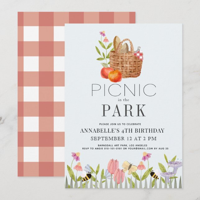 Picnic i Park Basket Blommigt Birthday Inbjudningar (Fram/baksida)