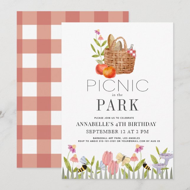 Picnic i Park Basket Blommigt Birthday Invati Inbjudningar (Fram/baksida)