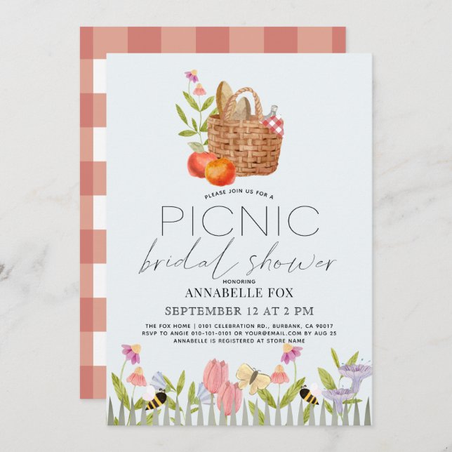 Picnic i Park Basket Blommigt Möhippa Inbjudningar (Fram/baksida)