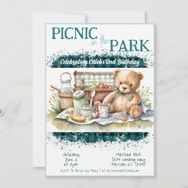 Picnic i Park Grönt Play Boys Birthday Inbjudningar (Framsida)