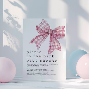Picnic i Park Rosa Gingham Bow White Baby Shower Inbjudningar