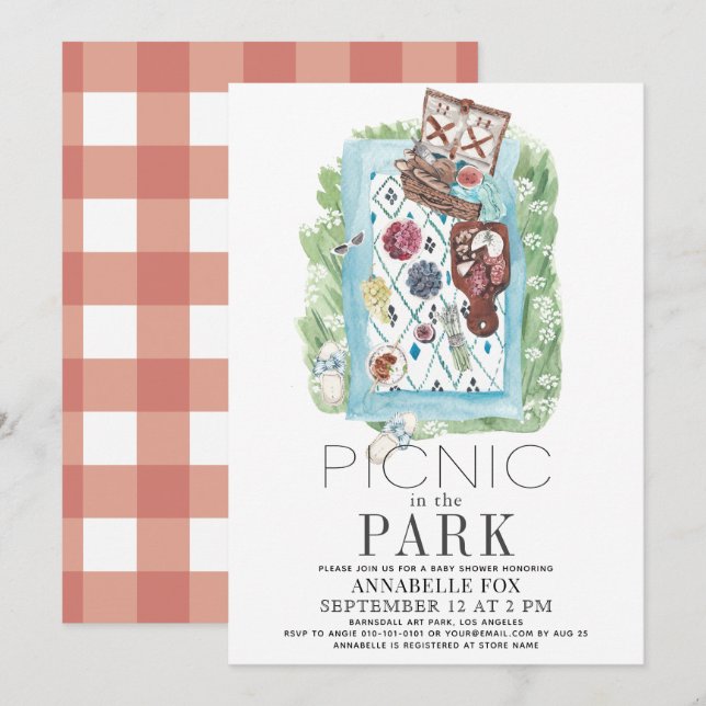 Picnic i Park Watercolor Baby Shower Inbjudningar (Fram/baksida)