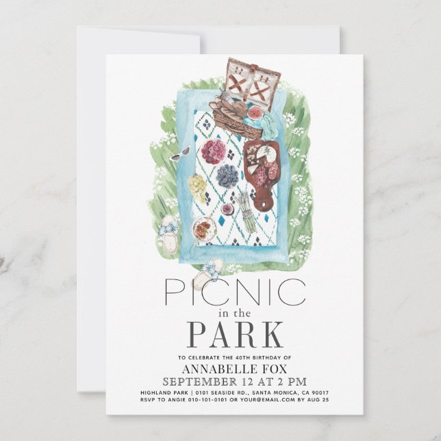 Picnic i Park Watercolor Birthday Inbjudningar (Framsida)