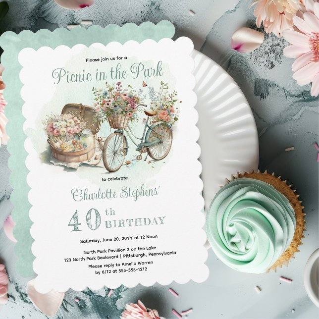 Picnic i Parkens Blommigt 40:e födelsedag Party Inbjudningar (Mint Green Floral Bicycle and Picnic Basket "Picnic in the Park" 40th Birthday Party Invitation)