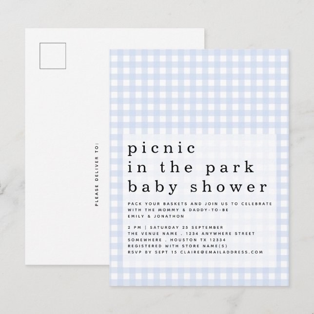 Picnic in Park Baby Shower Blue Gingham-inbjudan Vykort (Fram/baksida)