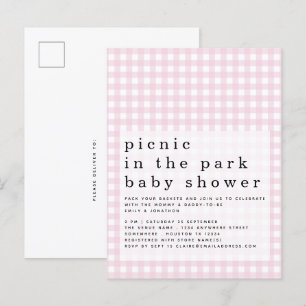 Picnic in Park Baby Shower Rosa Gingham-inbjudan Vykort