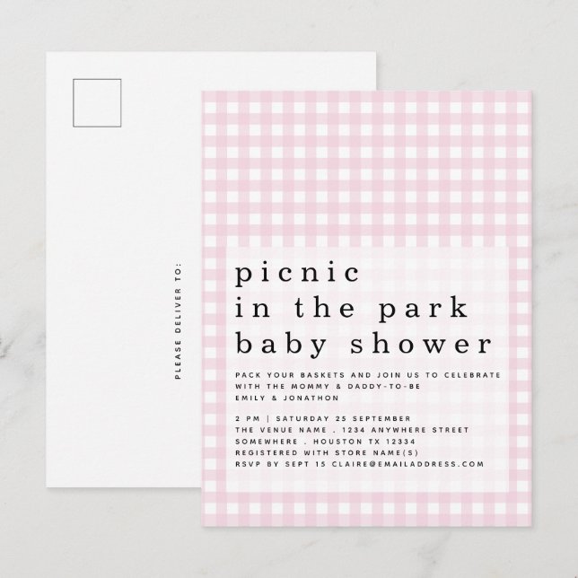 Picnic in Park Baby Shower Rosa Gingham-inbjudan Vykort (Fram/baksida)