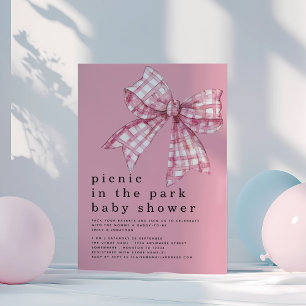 Picnic in Park Rosa Gingham Bow Baby Shower Inbjudningar