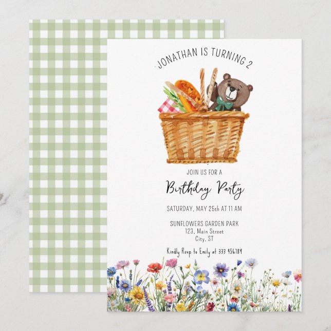 Picnic Kid Birthday Bjud Gingham-blommor Julkort (Fram/baksida)