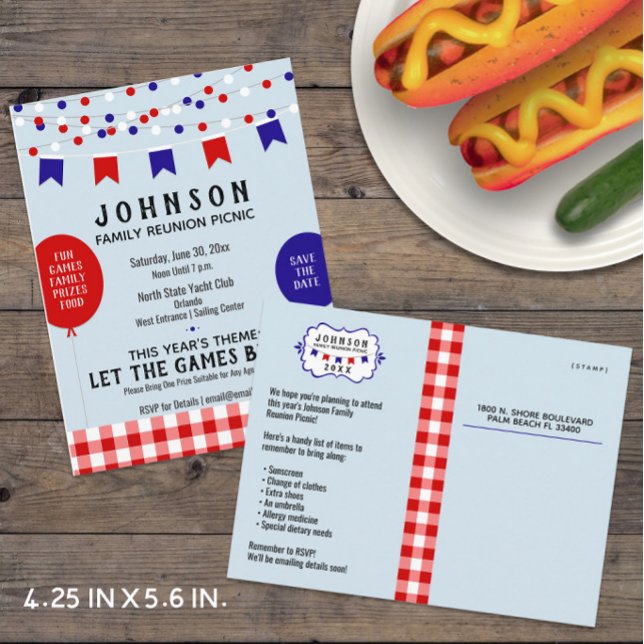 Picnic Party | BBQ ・ Barbecue ・ Reunion ・ Födelsed Meddelande Vykort (Budget-friendly Summer Event in Red, White, and Blue -- Postcards save postage too! )