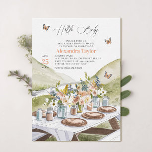 Picnic Peach Wildblommor Butterflies Baby Shower Inbjudningar