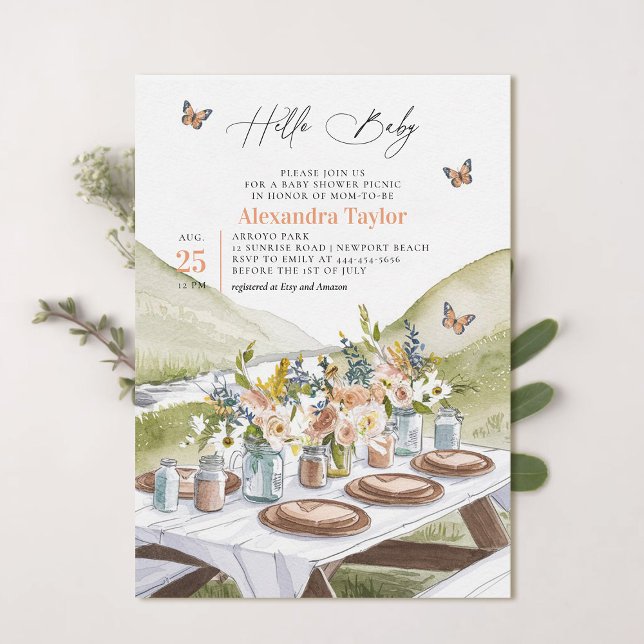 Picnic Peach Wildblommor Butterflies Baby Shower Inbjudningar (picnic baby shower invitation park summer watercolor butterflies cute fun casual classy neutral)