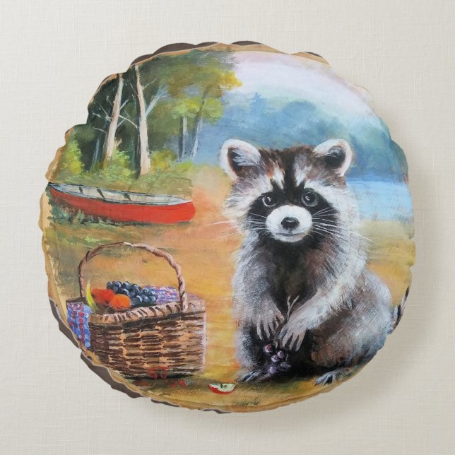 Picnic Raccoon Rund Kudde (Framsidan)