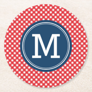 Picnic Red Land Gingham Personalize Monogram Underlägg Papper Rund