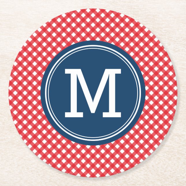 Picnic Red Land Gingham Personalize Monogram Underlägg Papper Rund (Framsidan)