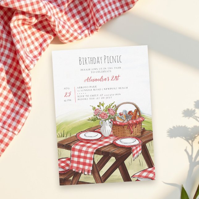 Picnic Table Basket Summer Red 21st Birthday  Inbjudningar (birthday picnic invitation personalized red gingham watercolor park backyard party lawn casual chic)
