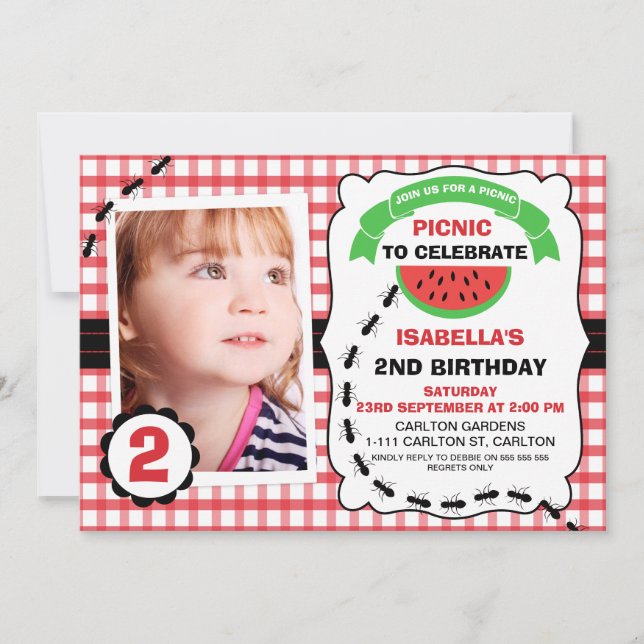 Picnic Watermelon Photo Födelsedagsfest inbjudan (Framsida)