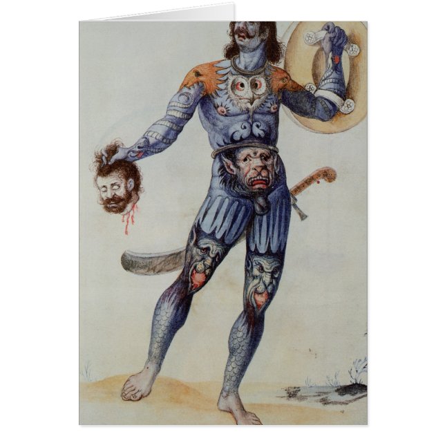 Pictish maninnehav ett människahuvud hälsningskort (Framsidan)