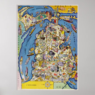 Pictorial Michigan Karta 1930 Poster