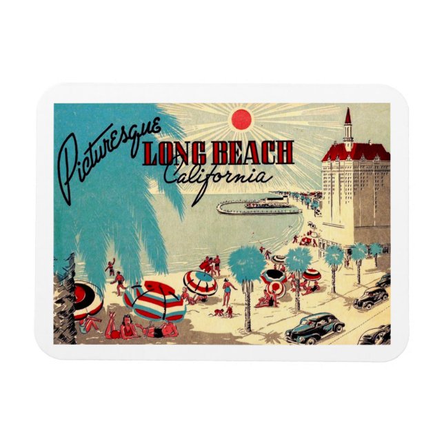 Picturesque Long Beach, California Vintage Postcar Magnet (Horisontell)