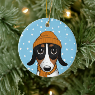 Piebald Dachshund Cute Winter Hund-Helgdag  Julgransprydnad Keramik